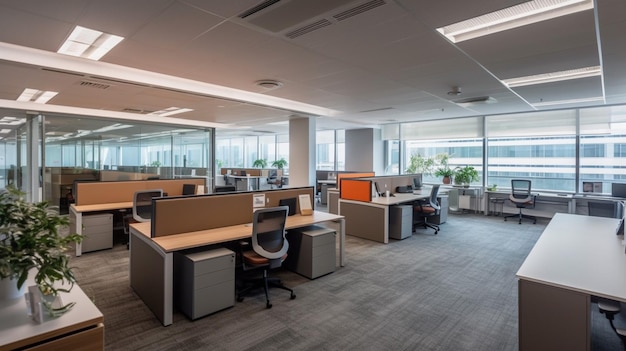 Un grand espace bureau ouvert avec un bureau et des chaises.