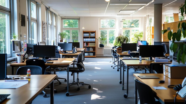 Grand espace de bureau avec plusieurs postes de travail Les postes de travail se composent d'un bureau, d'une chaise et d'un ordinateur
