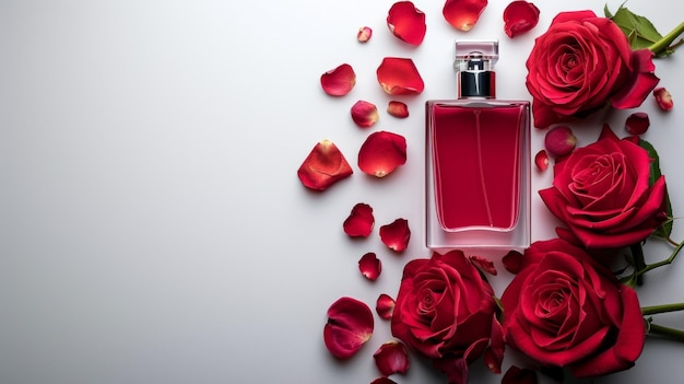 Un grand espace de copie avec du parfum Bouteille avec des roses rouges sur blanc