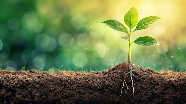 Un grand espace de copie avec une jeune plante en croissance sous la vue des racines avec un fond vert flou au milieu de la nature IA générative