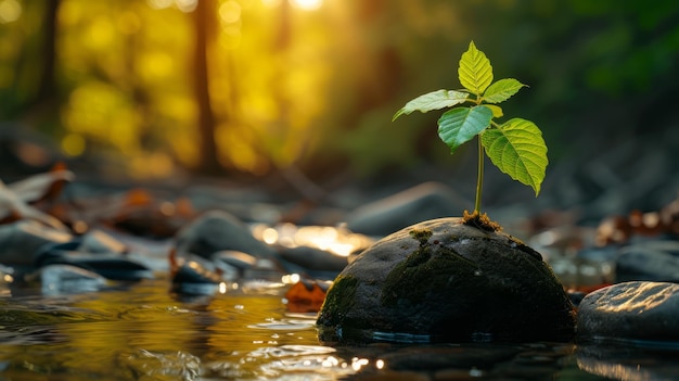 Un grand espace de copie avec une jeune plante vert clair brillant poussant d'une pierre près de l'eau à l'automne