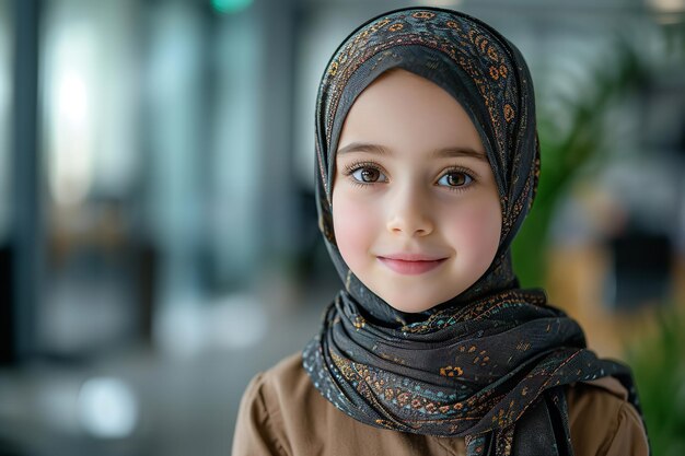 Un grand espace de copie avec le portrait d'une petite fille musulmane heureuse en tenue islamique IA générative