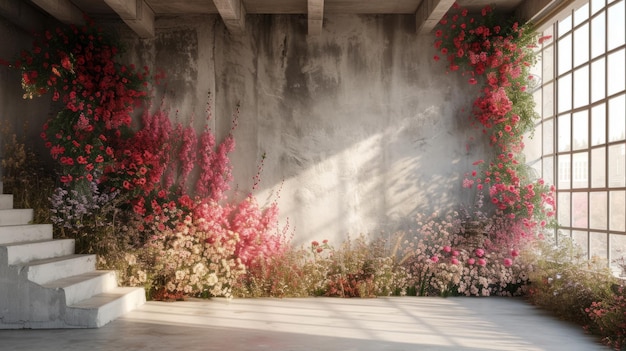 Un grand espace de copie avec un studio photo avec un mur floral et un escalier