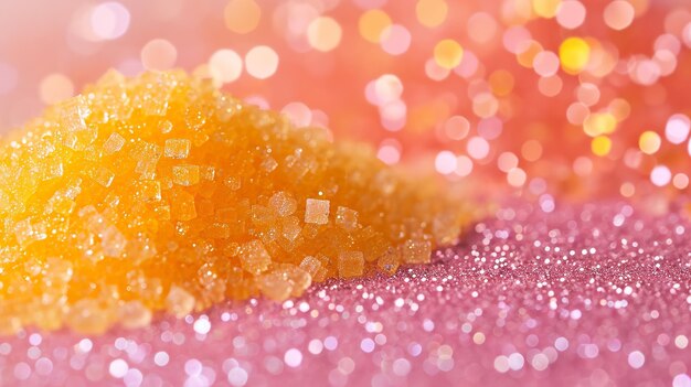 Un grand espace de copie d'un tas de sucres cristallins jaunes et roses dans une surface rose avec un grand espace de copie G