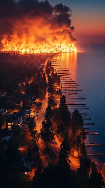 Photo un grand feu brûle au loin près d'un plan d'eau.