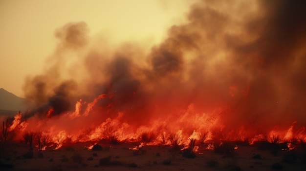 Un grand feu brûle au milieu d'un champ