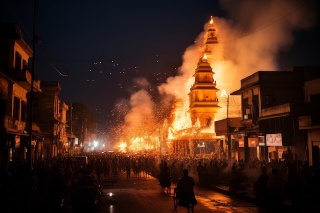 un grand feu brûle au milieu d'une rue de la ville