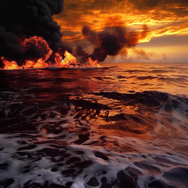 Un grand feu dans l'océan brûle orange et jaune.