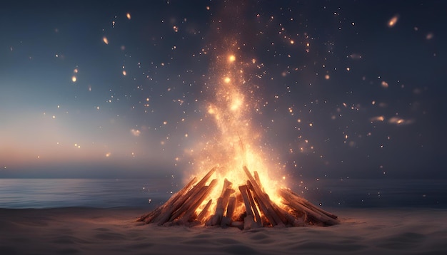 Un grand feu de joie avec des étincelles et des particules devant la mer et le clair de lune.