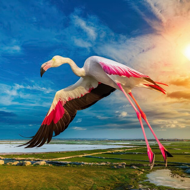 Le grand flamant phoenicopterus roseus volant dans le ciel en Camargue, en France