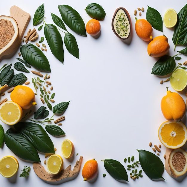 Un grand fond blanc avec une variété de fruits et