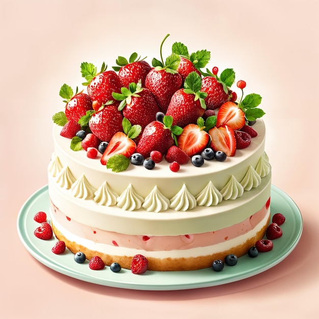 Photo un grand gâteau avec du glaçage blanc et des fraises sur le dessus placé sur une assiette verte entourée de fraises et de bleuets supplémentaires