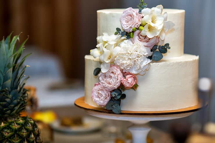 Photo grand gâteau de mariage sucré décoré de fleurs roses et blanches sur une table.