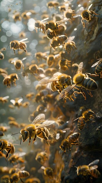 Photo un grand groupe d'abeilles vole autour d'un arbre.