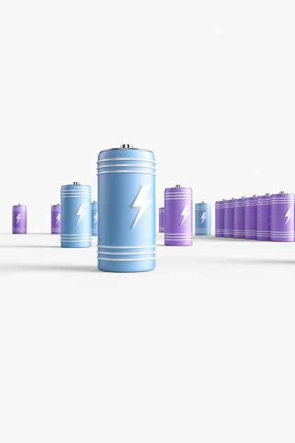 Photo grand groupe de batteries sur fond blanc. illustration de rendu 3d.