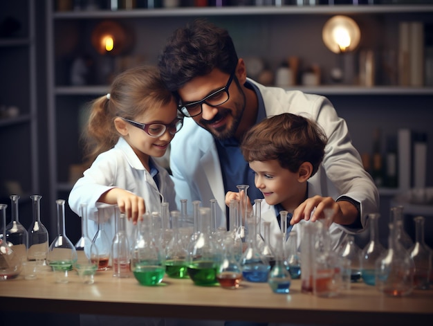 Grand groupe d'enfants divers portant des blouses de laboratoire en cours de chimie tout en profitant d'expériences scientifiques