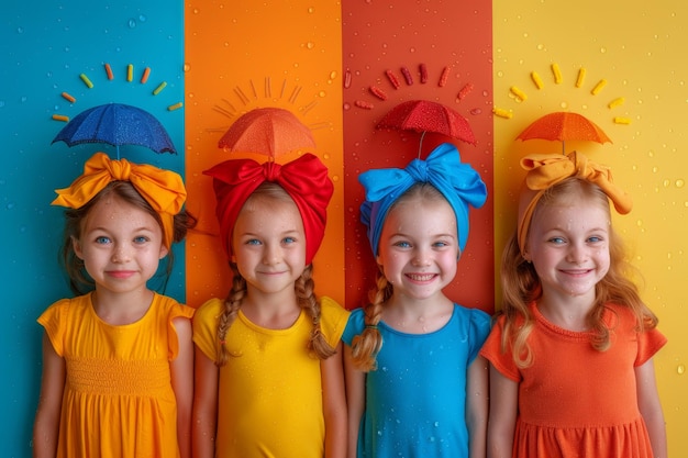 Un grand groupe d'enfants heureux dans des vêtements colorés sur un mur coloré avec des émoticônes