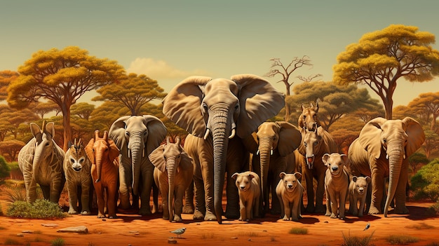 Grand groupe de faune africaine safari animaux sauvages génératifs ai