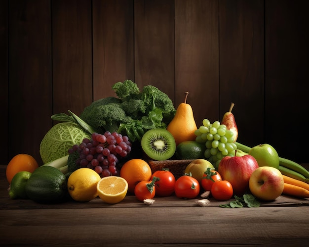 Un grand groupe de fruits et légumes sur une table en bois.