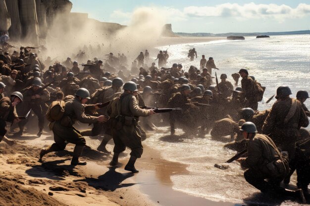 Un grand groupe d'hommes militaires sur une plage