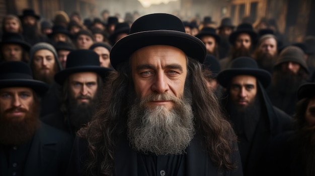 Photo un grand groupe de juifs hassidiques orthodoxes se sont rassemblés en tenue traditionnelle