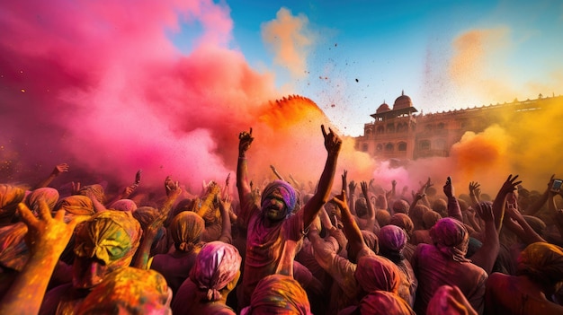 un grand groupe de personnes avec de la poudre colorée sur le visage font la fête.