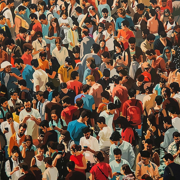 un grand groupe de personnes regardent tous leurs téléphones
