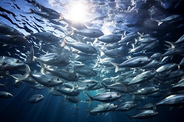 Un grand groupe de poissons nageant dans l'océan.