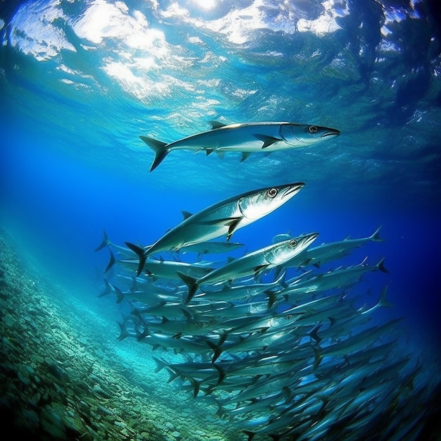 Un grand groupe de poissons nagent dans l'océan.