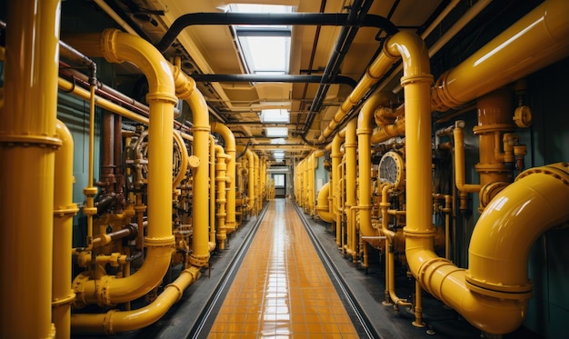 Grand groupe de tuyaux jaunes dans un bâtiment d'usine avec un long couloir