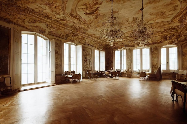 Grand hall antique avec des fenêtres comme intérieur de château