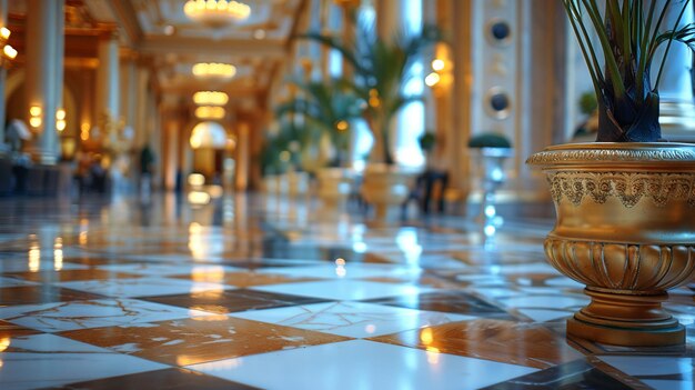 Grand hall de l'hôtel avec un accent doux sur l'élégance et les invités