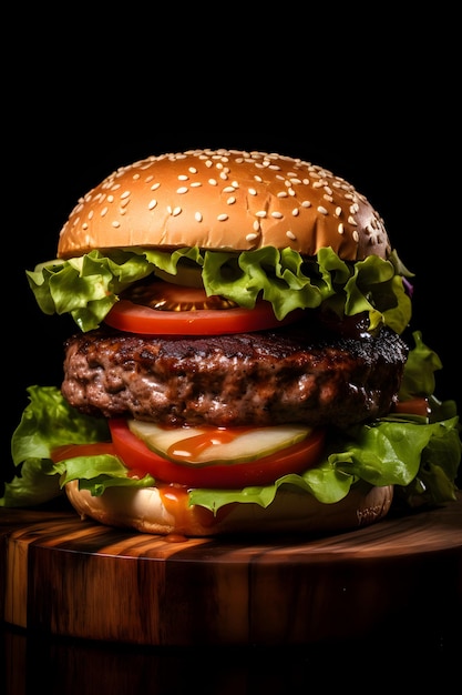 Grand hamburger sur une assiette en bois avec laitue, tomate, bœuf et poulet