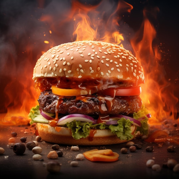 Grand hamburger dans un feu et de la fumée de fond AI généré des images