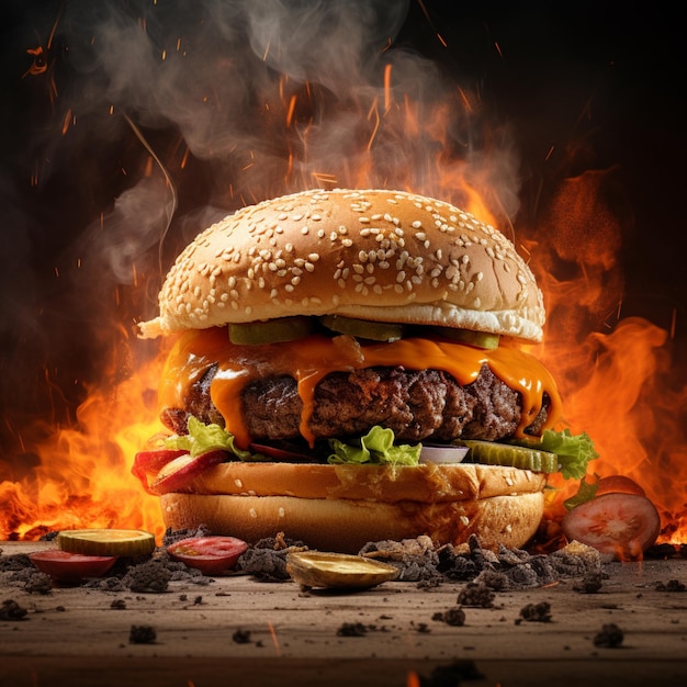 Grand hamburger dans un feu et de la fumée de fond AI généré des images