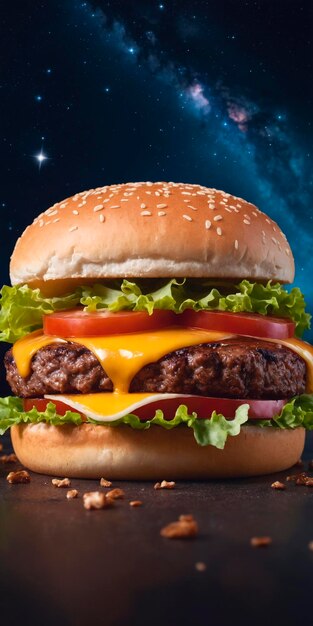 Un grand hamburger délicieux sur le fond de l'espace cosmique avec des étoiles