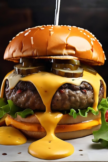 Photo grand hamburger avec fromage à sauce jaune et frites ia générative