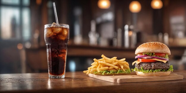 Photo un grand hamburger avec une galette grillée chaude avec du fromage fondu sur des sauces d'oignon de tomate et des frites frites