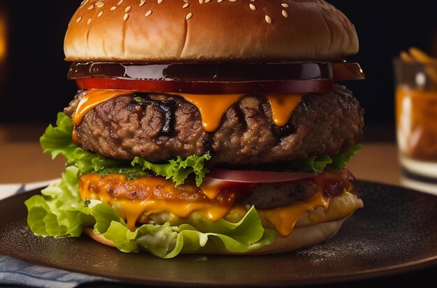 un grand hamburger juteux avec un côté de frites