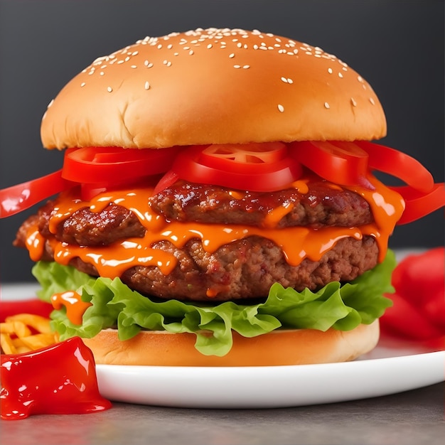 Un grand hamburger savoureux avec du ketchup et du fromage sur un fond rouge.