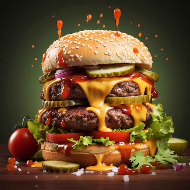 Un grand hamburger savoureux avec des ingrédients volants sur une table en bois sur un fond sombre IA générative