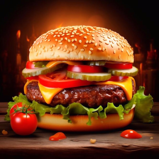 Un grand hamburger savoureux avec de la salade de fromage et des légumes Un double cheeseburger au cheddar avec de la côtelette de poulet
