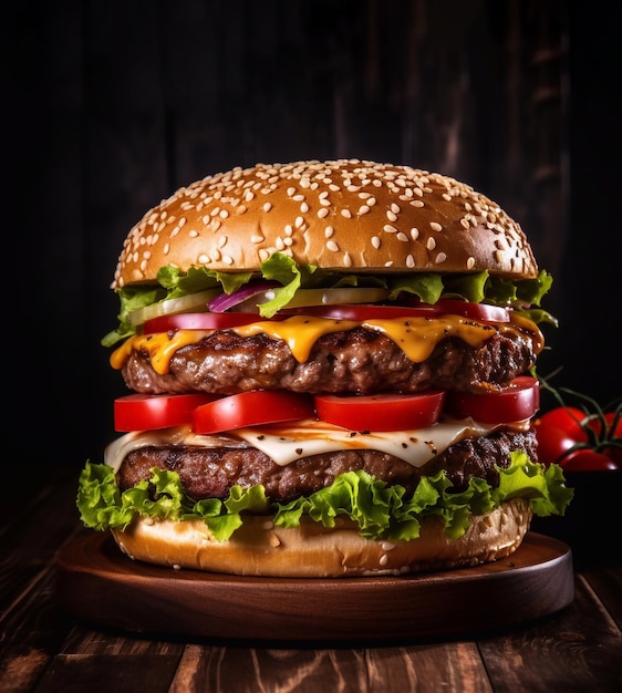 un grand hamburger sur la table en bois sur un fond noir