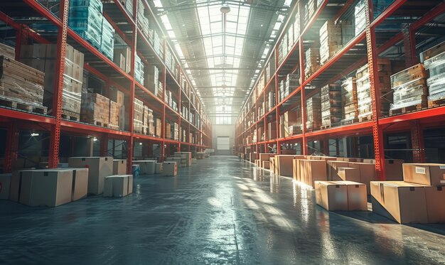 Grand hangar d'entrepôt d'entreprises industrielles et logistiques entrepôt sur le sol et appelé les étagères élevées