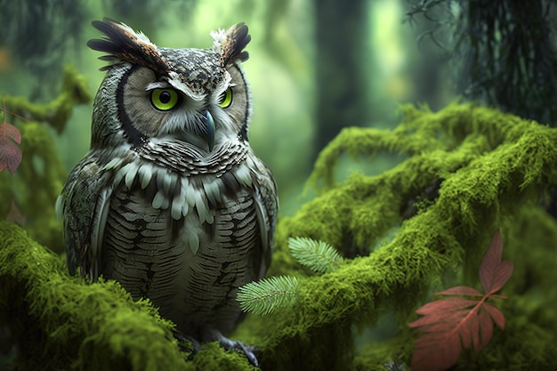 Un grand hibou gris avec de grands yeux se repose dans le feuillage vert de la forêt Generative AI