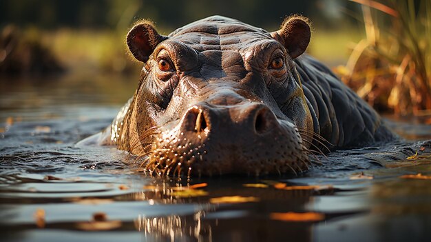 Le grand hippopotame se vautre dans l'eau