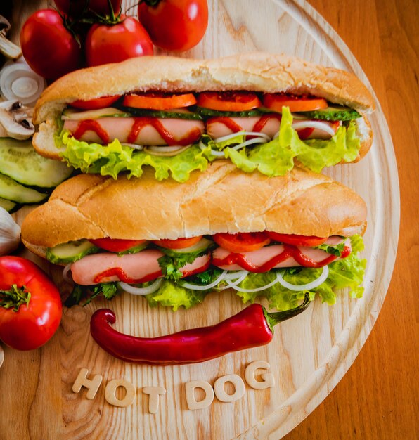 Grand hot-dog avec des légumes sur la table.