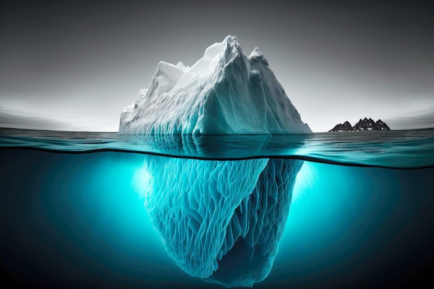 Grand iceberg flottant près des rochers avec une lueur sous-marine bleue