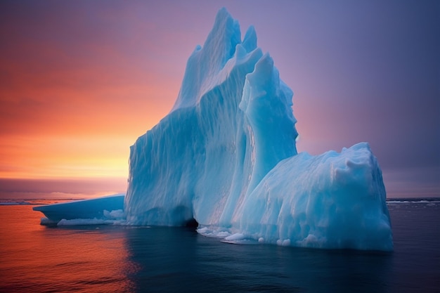 Un grand iceberg flotte dans l'océan avec un ciel coloré en arrière-plan.