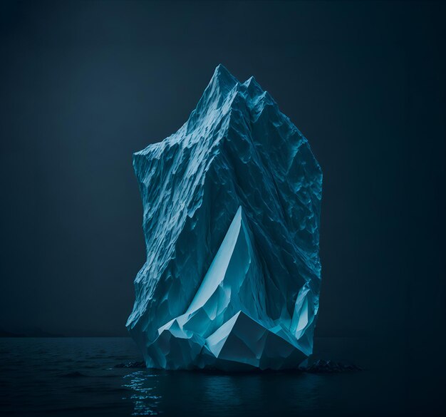 Un grand iceberg flotte dans l'océan avec un fond sombre.